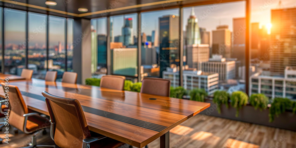 Modern Office Meeting Room With City Skyline View. Modern Office Meeting Room With City Skyline View.