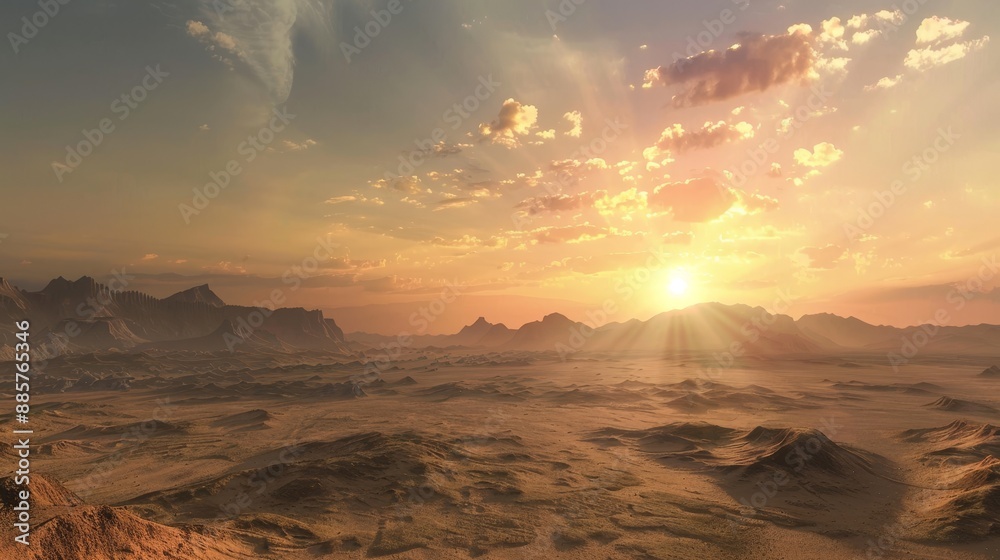 Naklejka premium Sunrise over a vast desert landscape with light illuminating distant mountains and soft clouds