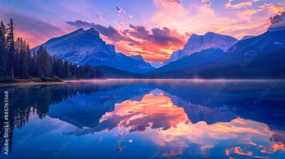 Fototapeta premium Wide view of a mountain lake at dawn. 