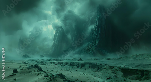  A dystopian solar planet with dark, stormy skies and a barren landscape