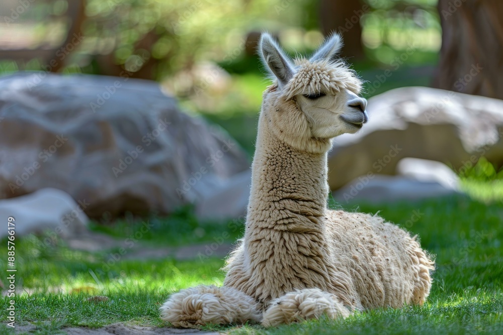Tranquil and serene alpaca resting peacefully in the outdoor natural habitat surrounded by greenery and enjoying a leisurely day in the sunny pastoral setting Tranquil and serene alpaca resting peacefully in the outdoor natural habitat surrounded by greenery and enjoying a leisurely day in the sunny pastoral setting