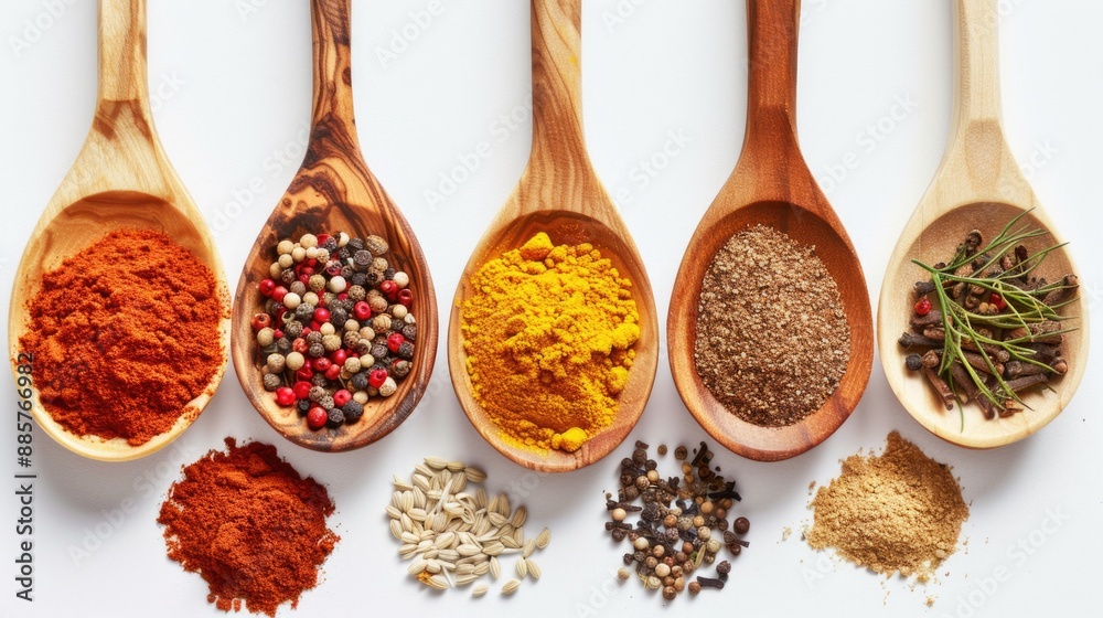 A collection of wooden spoons filled with various spices, great for cooking or as a decorative piece A collection of wooden spoons filled with various spices, great for cooking or as a decorative piece