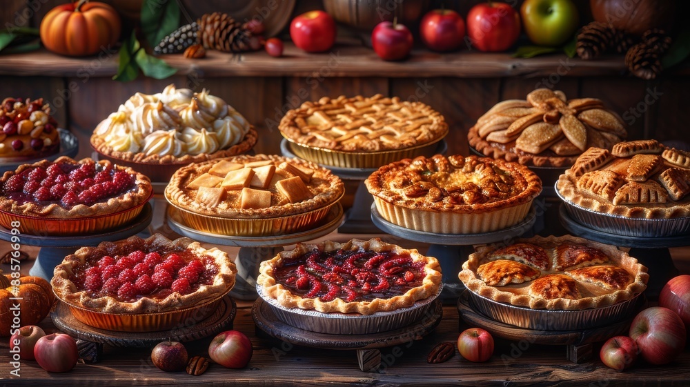 A detailed illustration of a Thanksgiving pie table A detailed illustration of a Thanksgiving pie table