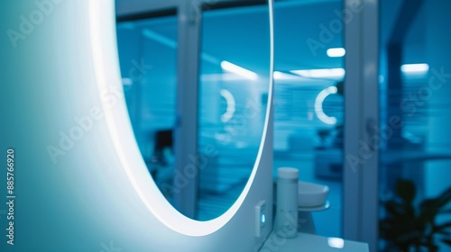 A Modern Office Space With a Curved Wall and Glass Windows