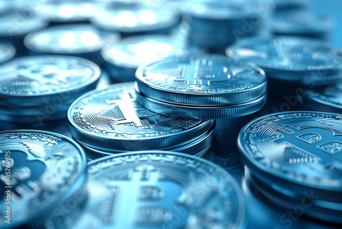 A Digital Currency Symphony: Close-Up of Metallic Bitcoin Coins