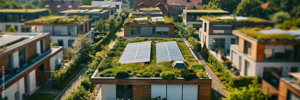 Suburban neighborhood with green houses, solar panels on roofs, zero carbon housing concept, eco friendly architecture, sustainable living, green energy, modern homes, community development