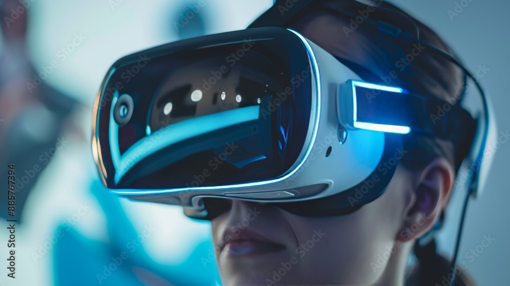 A person wearing a virtual reality headset experiences immersive technology in a modern gaming setup in a tech-filled environment A person wearing a virtual reality headset experiences immersive technology in a modern gaming setup in a tech-filled environment