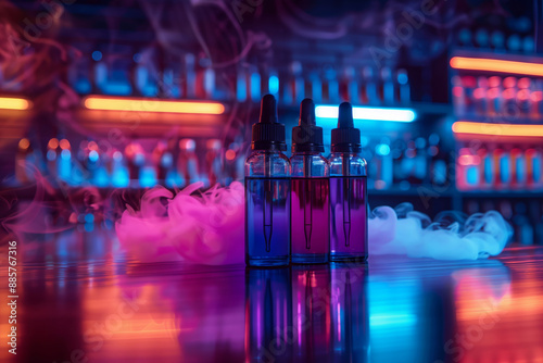 Three Vials of E-Liquid Rest on a Bar Counter With Neon Lights and Smoke photo