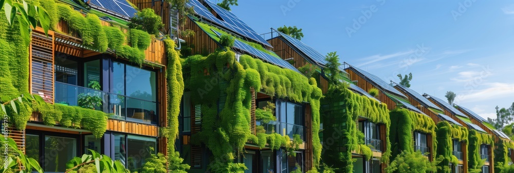 View of Eco-friendly houses community with green roofs, solar panels, zero ...