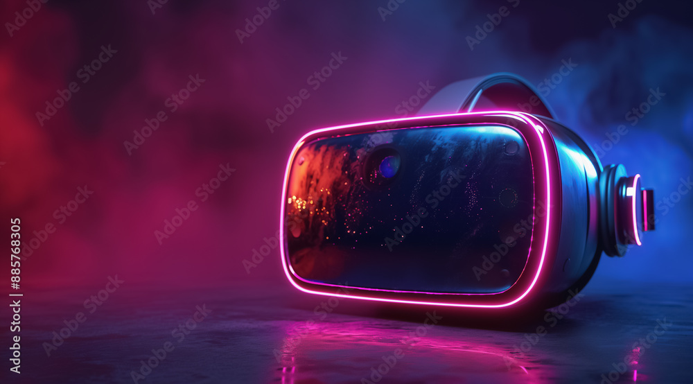 Neon-Lit VR Headset on Reflective Surface with Futuristic Background
Neon-Lit VR Headset on Reflective Surface with Futuristic Background