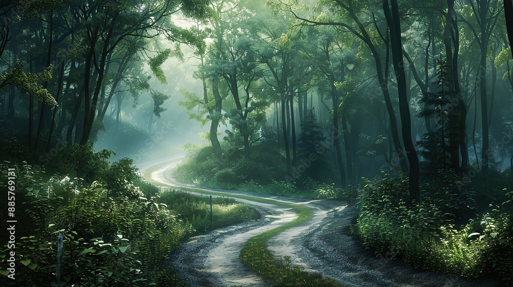 Naklejka premium winding_road_through_a_dense_forest