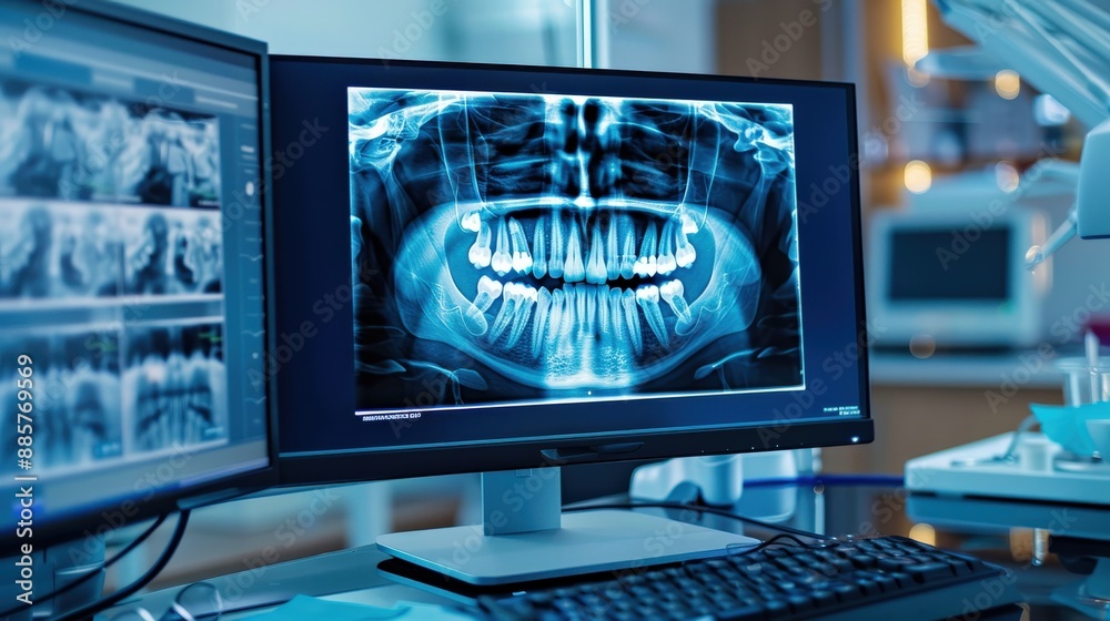 A computer monitor displays a dental x-ray of a patient's teeth. The image is in black and white and he is a close-up of the teeth. Scene is serious and focused