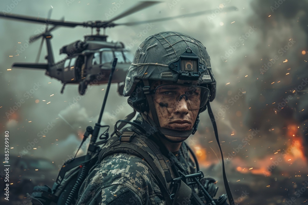 Focused soldier in tactical gear stands ready amid a fiery battlefield with a helicopter overhead