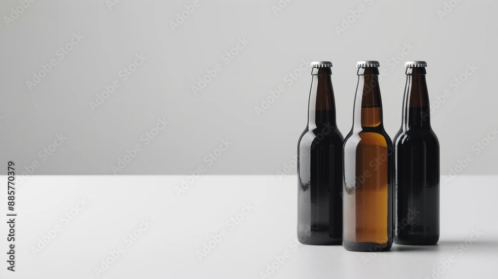 Craft beer bottles on white table, isolated background. Alcohol drink product presentation template, clean advertising design. Craft beer bottles on white table, isolated background. Alcohol drink product presentation template, clean advertising design.