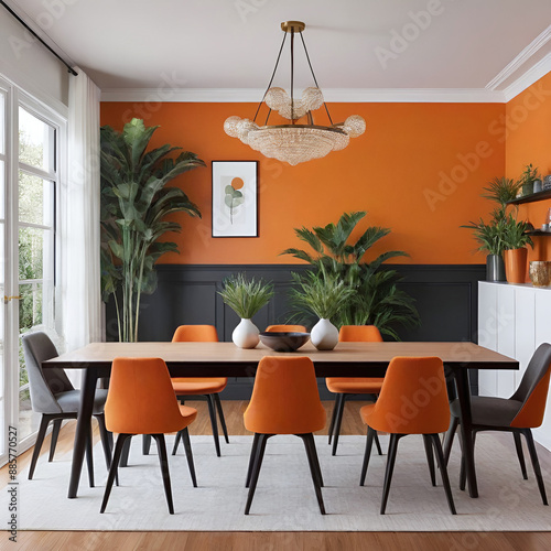 Modern and modern orange-toned restaurant interiors with plant pots arranged everywhere photo