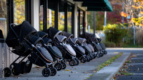 "A line of strollers parked outside a facility."