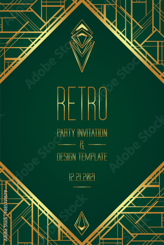 Art Deco vintage gold patterns over dark green, frames and design elements. Retro party geometric background set 1920s style. Vector illustration for glamour party, thematic wedding or textile prints.