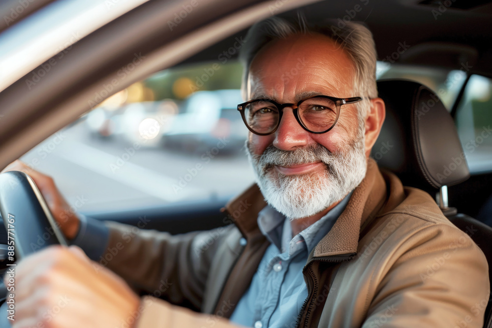 Senior man driving a car on the road Senior man driving a car on the road
