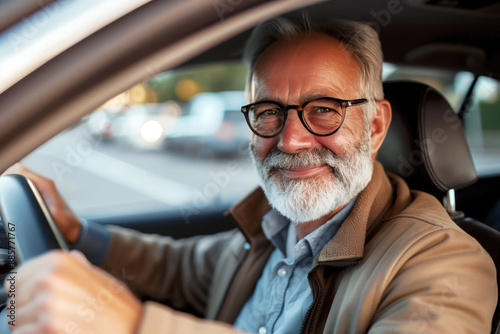 Senior man driving a car on the road