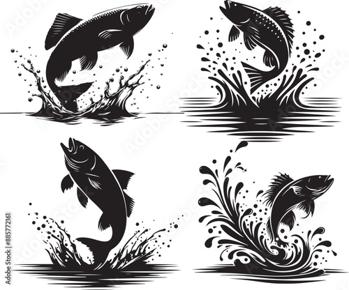  fish jumping out of the water, silhouette, on a white background