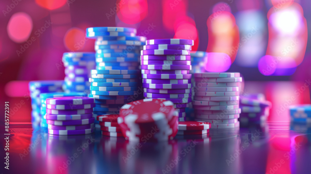 A stylized image of poker chips, arranged in neat stacks, vibrant and diverse colors