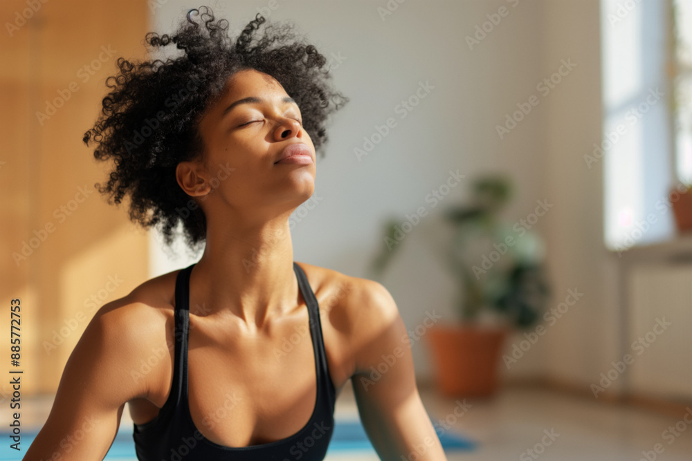 Black woman with curly hair, wearing a black sports bra, sits on a yoga mat with her eyes closed Black woman with curly hair, wearing a black sports bra, sits on a yoga mat with her eyes closed