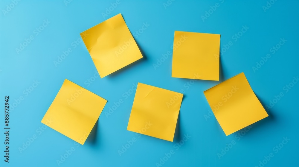 Five yellow sticky notes arranged on a bright blue background creating a vibrant contrast. Five yellow sticky notes arranged on a bright blue background creating a vibrant contrast.