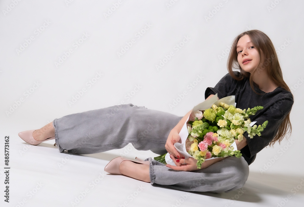smile girl hair bouquet fashion fresh white happy natural model romantic day beautiful female jeans smile girl hair bouquet fashion fresh white happy natural model romantic day beautiful female jeans