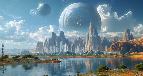  A futuristic solar planet with domed cities and advanced renewable energy sources photo