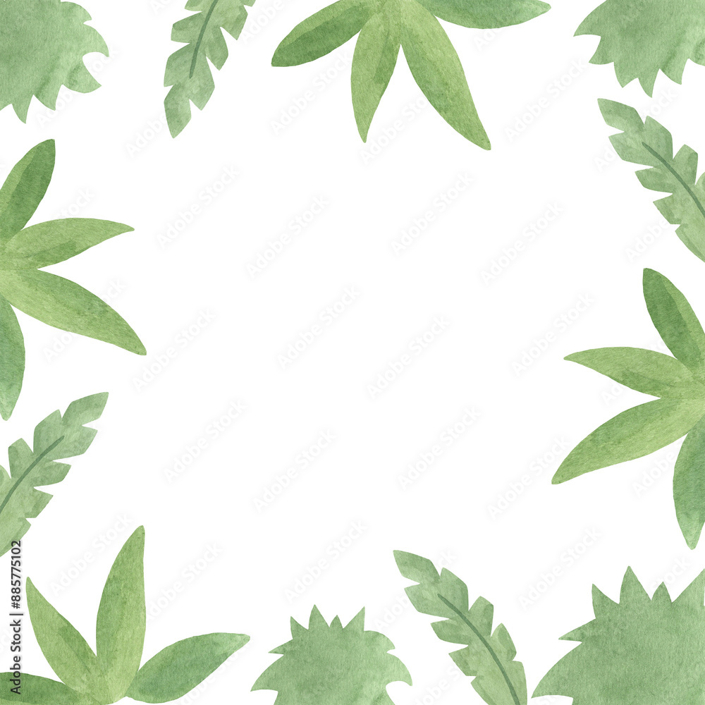 Watercolor hand drawn illustration of frame with palm trees, leaves, foliage. Jungle green border for kids decoration