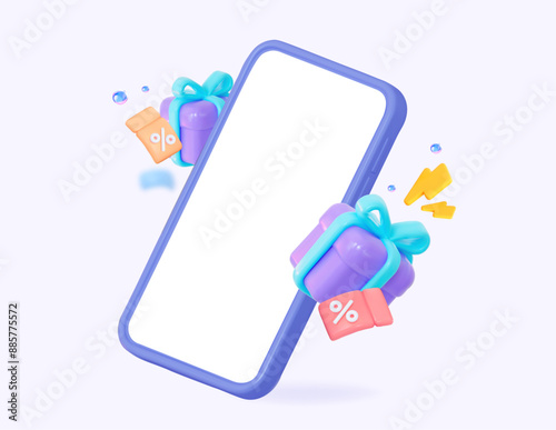3D mockup of a mobile phone with coupons and gifts. Creative concept of online bargain shopping. 3d vector illustration.