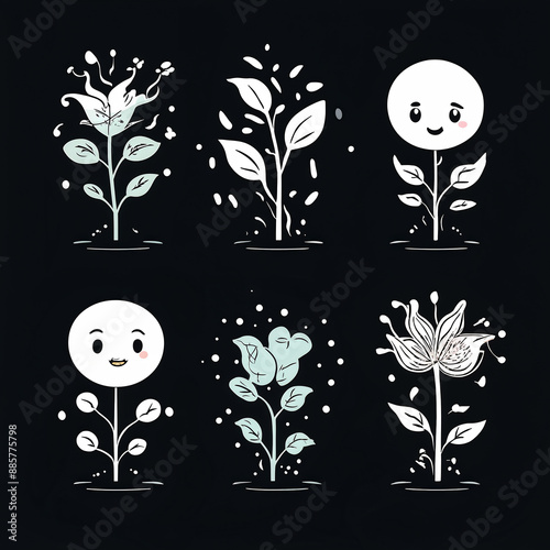 set of four season stages of seed growth become a plant with emotional cartoon emoji faces