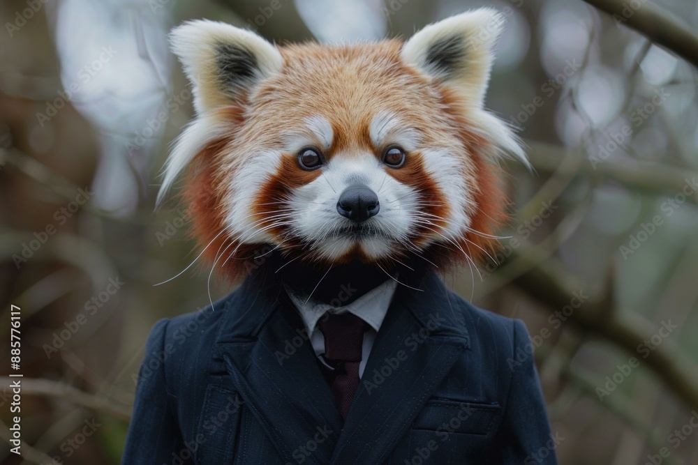 Obraz premium Whimsical portrayal of a red panda's head on a person in a business suit outdoors