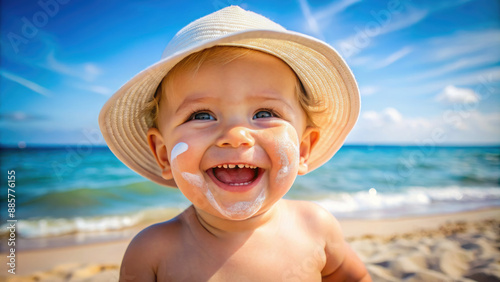 small cheerful smiling child with sunscreen on his face on the beach, summer, sun, spf, protection from burns, cosmetics, baby, kid, portrait, people, person, vacation, sea, children, skin, tan