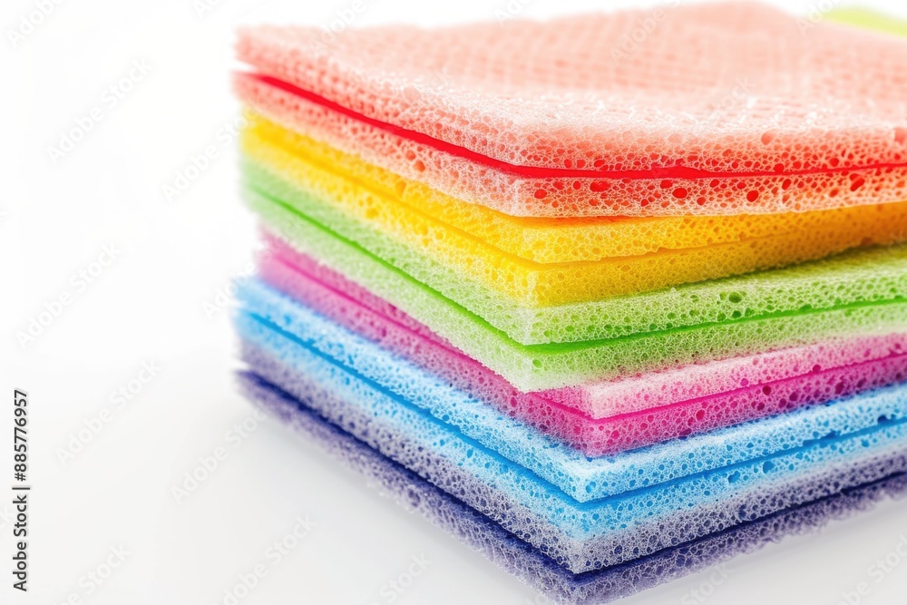 A collection of colorful sponges stacked on top of each other, great for creative and artistic uses A collection of colorful sponges stacked on top of each other, great for creative and artistic uses