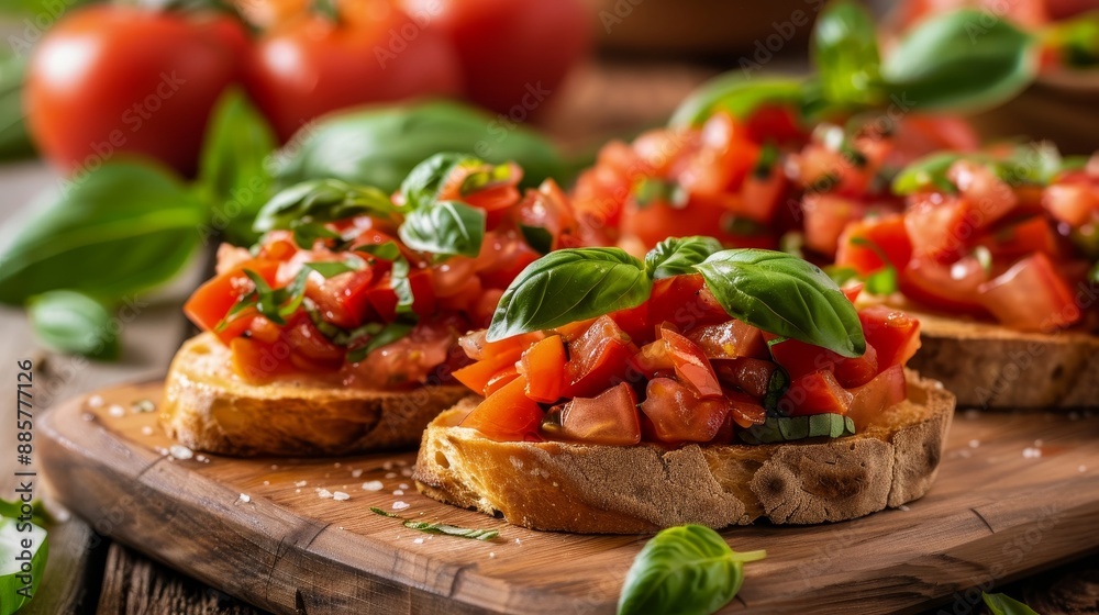 Delicious Italian Appetizer, Fresh Bruschetta With Tomato, Garlic And Basil On Wooden Board Delicious Italian Appetizer, Fresh Bruschetta With Tomato, Garlic And Basil On Wooden Board