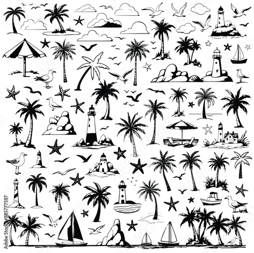 Set of Coastal Clipart and Sketched Doodle Vectors