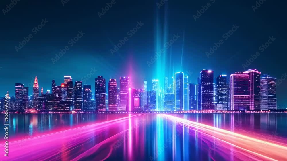 The skyline gleams with neon lights reflecting off the water at night. Tall buildings glow in various colors under an inky sky. Bright trails of light add dynamic energy to the serene nightscape. The skyline gleams with neon lights reflecting off the water at night. Tall buildings glow in various colors under an inky sky. Bright trails of light add dynamic energy to the serene nightscape.