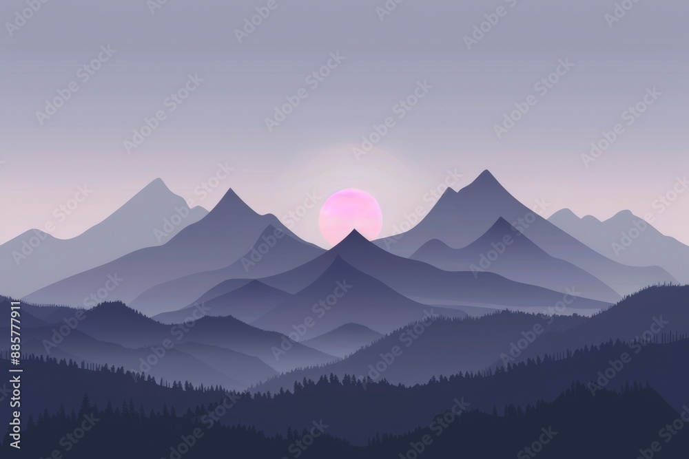 Misty mountain landscape with rising sun and dark silhouettes of pine trees Misty mountain landscape with rising sun and dark silhouettes of pine trees
