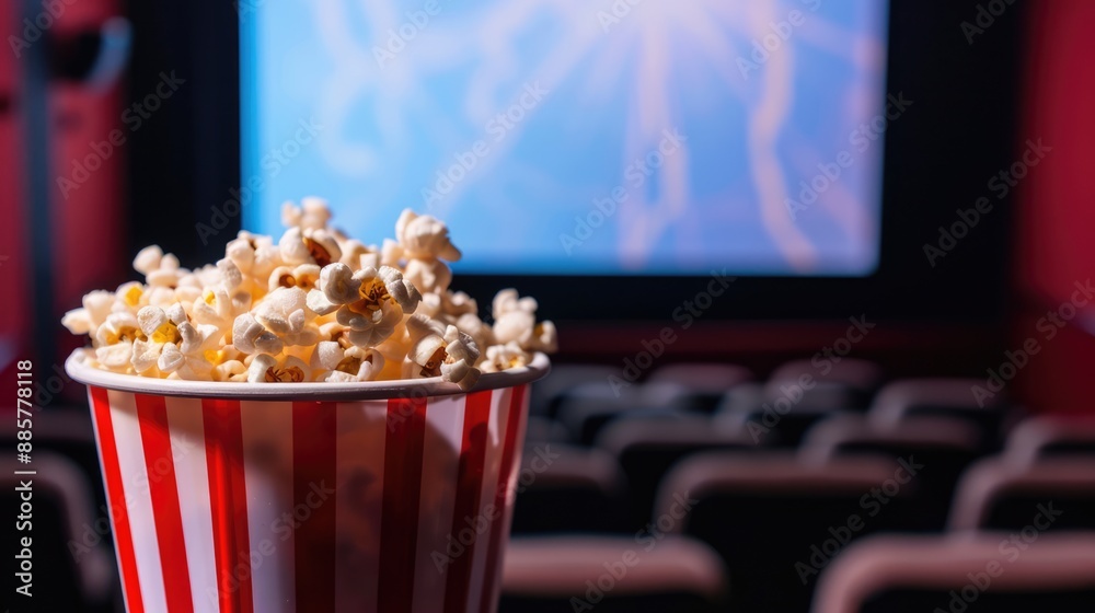 Popcorn paper box in movie theatre. Red seats and screen at the cinema. Red and white plastic glass full of popcorn Popcorn paper box in movie theatre. Red seats and screen at the cinema. Red and white plastic glass full of popcorn