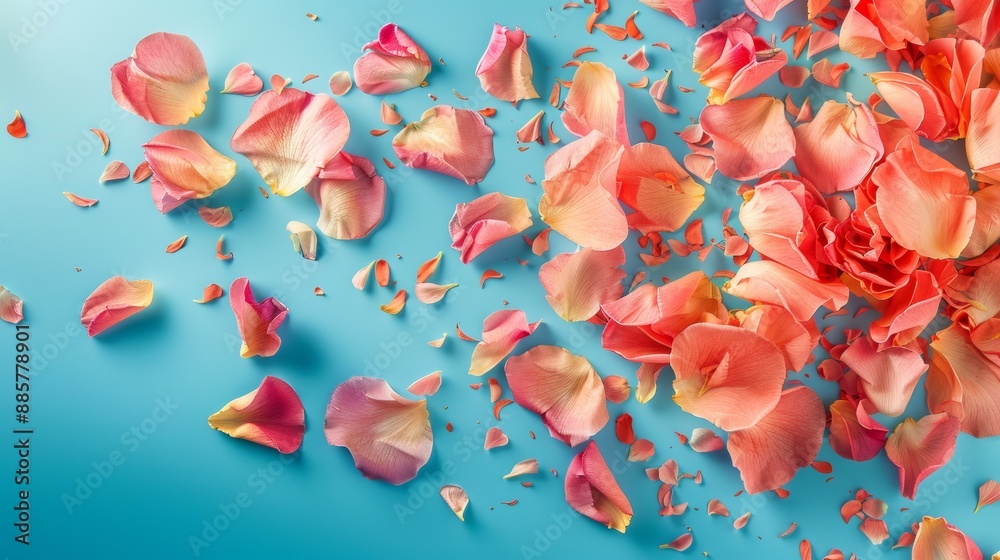 Scattered Rose Petals on Blue Background Scattered Rose Petals on Blue Background