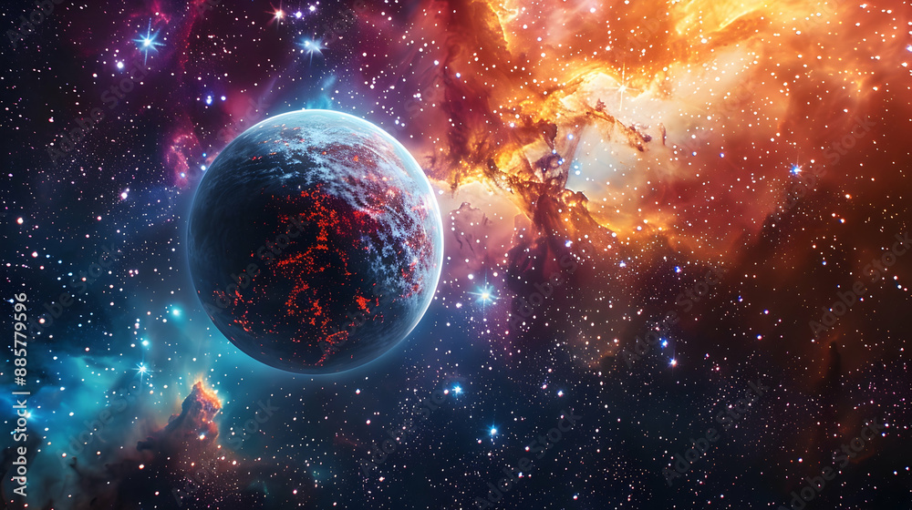 A solar planet depicted in a cosmic scene with bright stars and colorful nebulas A solar planet depicted in a cosmic scene with bright stars and colorful nebulas