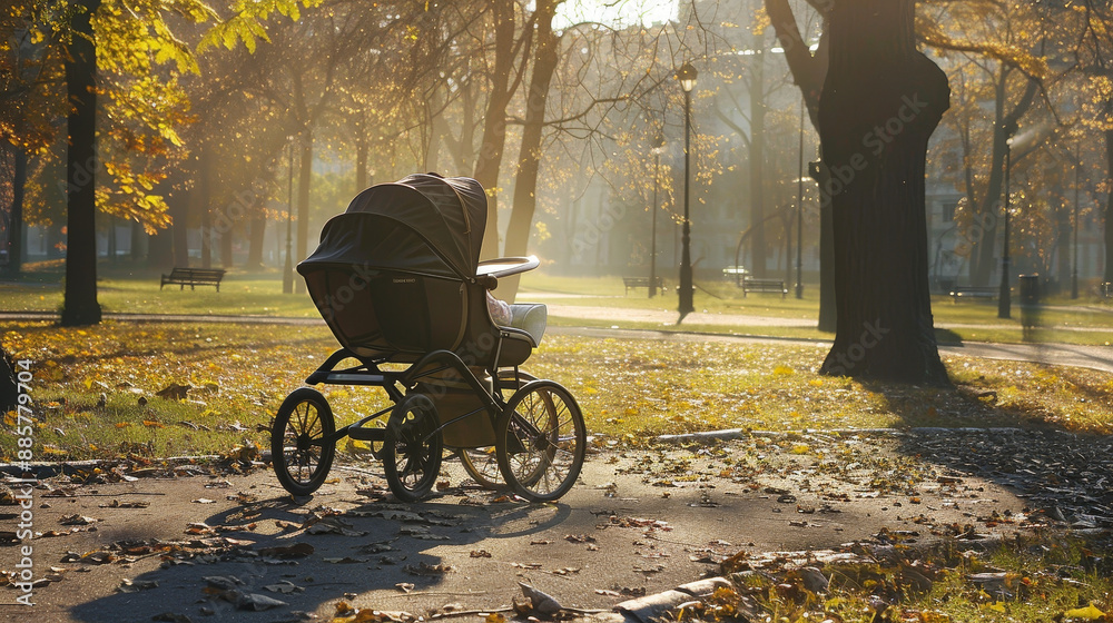 Obraz premium lonely, empty baby carriage stands in a sunny, warm park with no people around.