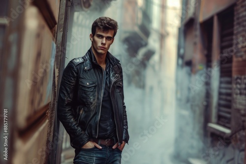 A man stands in a narrow alleyway wearing a leather jacket, providing an edgy and mysterious atmosphere