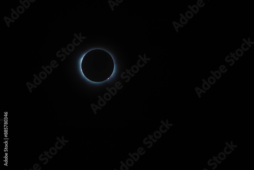 Total solar eclipse surrounded by the sun's crown and solar flares as the new moon comes between the earth and the sun 2024 Coahuila Cuatro Cienegas