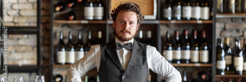 A photo captures a sommelier posing in front of a wine shelf, showcasing typical attire while