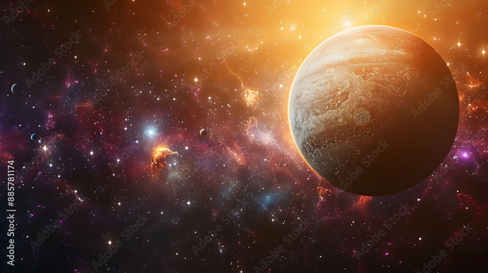  A solar planet in a vibrant cosmic scene with multiple moons and stars