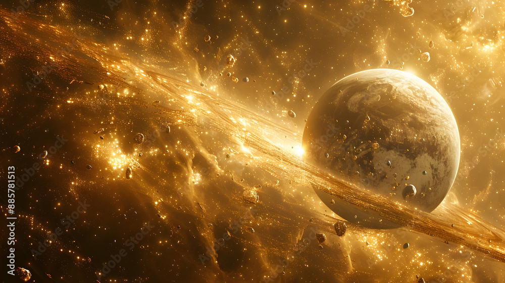 Obraz premium A solar planet in the midst of a cosmic dust storm, surrounded by glowing particles