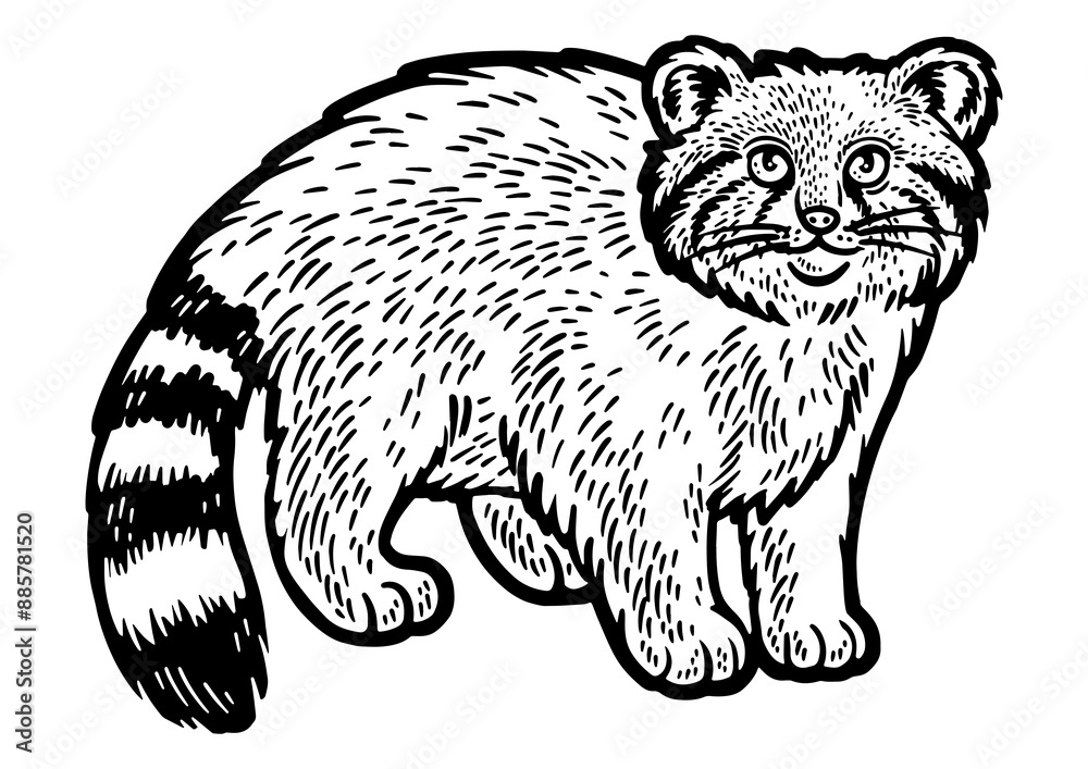 Obraz premium manul pallas's cat sketch engraving PNG illustration. Scratch board imitation. Black and white hand drawn image.