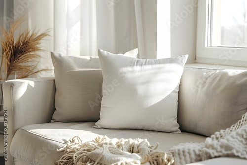 A dynamic mockup of a blank pillow on a bed with stylish bedding, ideal for bedroom decor and lifestyle product promotions 